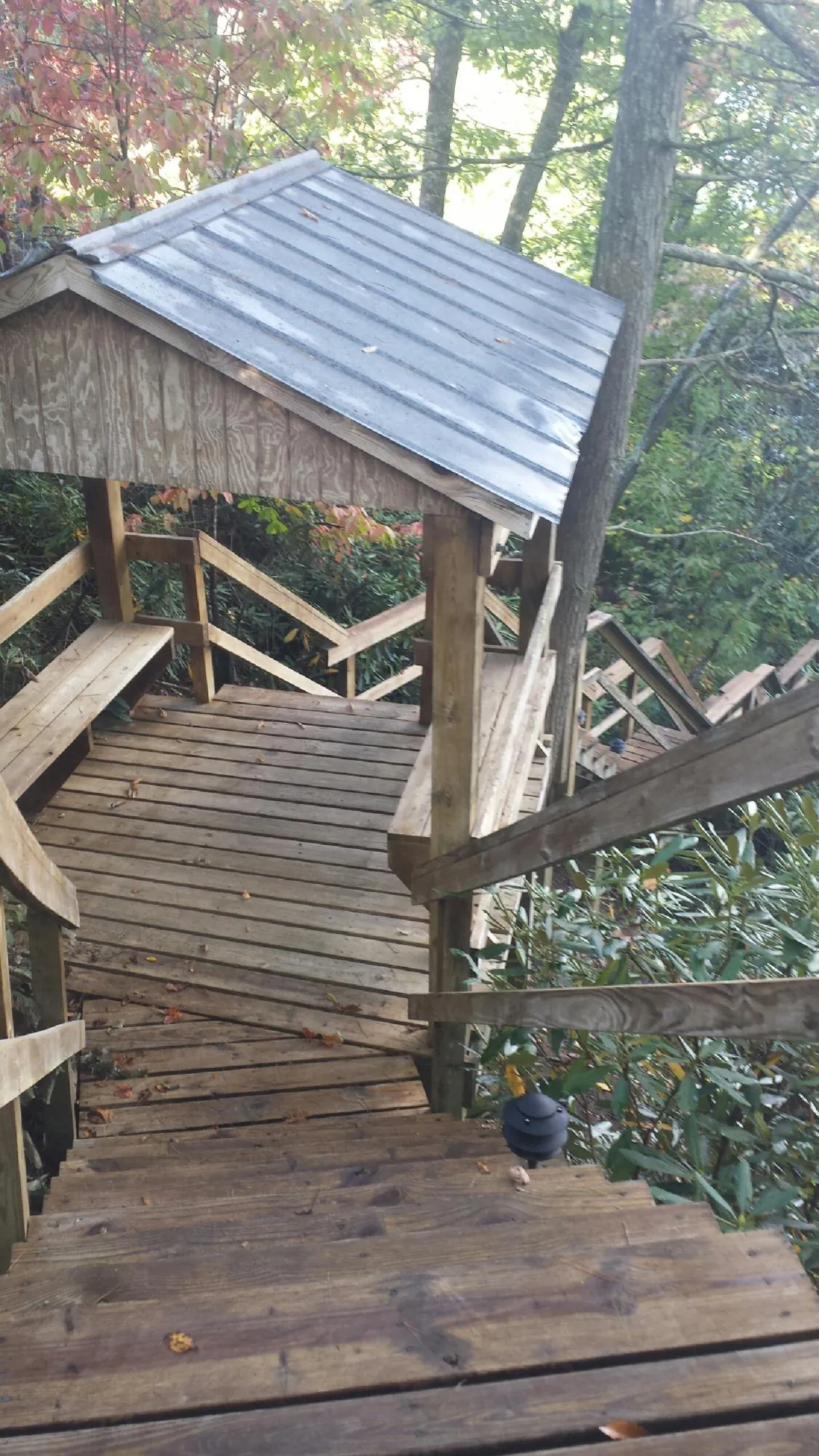 Metal roofed shelter over wooden steps on a wooded walkway — Skylight Repair & Installation work by our crew in Lake Junaluska